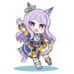  1girl :d animal_ears arm_up blue_jacket blue_ribbon blush boots chibi colored_shadow commentary_request cropped_jacket ear_ribbon full_body gloves hitomiz horse_ears horse_girl horse_tail jacket kneehighs long_hair o-ring open_clothes open_jacket pleated_skirt purple_hair ribbon shadow shirt short_eyebrows short_sleeves skirt smile solo tail thick_eyebrows umamusume very_long_hair violet_eyes white_background white_footwear white_gloves white_legwear white_shirt white_skirt 