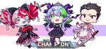  1boy 2girls absurdres ahoge apex_legends apron black_dress blue_eyes blue_hair bsapricot bsapricot_(vtuber) chibi colored_skin crossdressing double_bun dress english_commentary facial_hair fang fangs fingerless_gloves gloves green_eyes green_hair grey_hair grey_skin hair_behind_ear highres holding holding_sword holding_weapon hololive hololive_indonesia horns kureiji_ollie maid maid_apron multicolored_hair multiple_girls multiple_horns patchwork_skin pink_dress pink_hair pointy_ears red_gloves redhead rpr scarz short_hair_with_long_locks skin_fang smile stitched_face streaked_hair stubble sword tiara torn_clothes torn_dress twitter_username v-shaped_eyebrows virtual_youtuber vshojo weapon zombie 