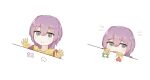  1girl bernadetta_von_varley bongo_cat chirun0 eyebrows_visible_through_hair fire_emblem fire_emblem:_three_houses flying_sweatdrops gloves grey_eyes like_and_retweet meme multiple_views nervous purple_hair short_hair simple_background twitter white_background yellow_gloves 