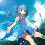  1girl bangs blue_bow blue_dress blue_eyes blue_hair blue_sky blush bow bowtie breasts cirno clouds cloudy_sky collared_shirt commentary_request day dress eyebrows_visible_through_hair eyelashes hair_between_eyes hands_up highres ice ice_wings keikei_927 leaf light_rays looking_at_viewer open_mouth outdoors puffy_short_sleeves puffy_sleeves red_bow red_bowtie shadow shiny shiny_hair shirt short_hair short_sleeves sky small_breasts smile solo splashing standing sunbeam sunlight thighs touhou water water_drop white_shirt wings 