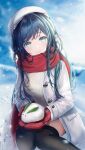  1girl bangs beret black_legwear blurry blurry_background blush breasts gloves green_eyes green_hair hair_between_eyes hat highres jacket kottungyang large_breasts long_hair long_sleeves looking_at_viewer open_clothes open_jacket original parted_lips red_gloves red_scarf scarf smile snow snowflakes snowing solo squatting sweater thigh-highs white_headwear white_sweater 