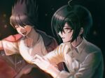  2boys :d ahoge bangs black_background black_hair breast_pocket brown_eyes buttons closed_eyes collarbone collared_shirt danganronpa_(series) danganronpa_v3:_killing_harmony eyebrows_visible_through_hair facial_hair goatee gradient gradient_background grey_shirt happy highres jacket knee_up light male_focus momota_kaito multiple_boys ouma_kokichi pink_jacket pocket shirt short_hair smile space_print starry_sky_print teeth upper_body upper_teeth visket53 