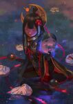  1girl black_hair bodystocking crescent crescent_hair_ornament emg_(christain) flower fox_mask galaxy glowing hair_flower hair_ornament holding mask menreiki noh_mask onmyoji red_eyes reflection sitting solo topknot water yokozuwari 