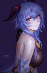  1girl bangs bare_shoulders bell blue_background blue_hair blush breasts crossed_bangs detached_sleeves eyebrows_visible_through_hair from_side ganyu_(genshin_impact) genshin_impact goat_horns highres horns large_breasts long_hair looking_at_viewer looking_to_the_side parted_lips selcky simple_background solo upper_body violet_eyes wet 