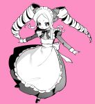  1girl :o absurdres alternate_costume apron beatrice_(re:zero) blush bow bowtie commentary_request dress drill_hair enmaided eyelashes floating_hair full_body hair_ribbon highres long_sleeves maid nenene_mura open_mouth outstretched_arms pink_background re:zero_kara_hajimeru_isekai_seikatsu ribbon shoes sidelocks simple_background solo symbol-shaped_pupils twin_drills twintails 
