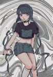  1girl :o absurdres alternate_costume bangs black_choker black_nails black_shirt chabashira_tenko choker collarbone crop_top danganronpa_(series) danganronpa_v3:_killing_harmony eyebrows_visible_through_hair feet_out_of_frame grey_background heart highres kneehighs long_hair looking_at_viewer midriff mole mole_under_mouth nail_polish navel sema_(vivaviva_02) shirt skirt solo stomach twintails white_background 