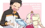  1boy 1girl :d beatrice_(re:zero) blonde_hair blue_eyes blush box brown_hair capelet closed_eyes commentary_request crown drill_hair fur-trimmed_capelet fur_trim gift gift_box hair_ribbon happy_birthday holding holding_gift jacket long_sleeves mini_crown natsuki_subaru nenene_mura open_mouth pink_ribbon re:zero_kara_hajimeru_isekai_seikatsu red_capelet ribbon short_hair smile symbol-shaped_pupils tongue twin_drills twintails zipper_pull_tab 