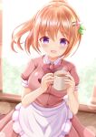  1girl :d apron bangs blush bow brown_hair brown_shirt brown_skirt coffee collared_shirt commentary_request cup dress_shirt eyebrows_visible_through_hair frilled_apron frills gochuumon_wa_usagi_desu_ka? hair_between_eyes hair_ornament hairclip highres holding holding_cup hoto_cocoa indoors looking_at_viewer mug pleated_skirt ponytail puffy_short_sleeves puffy_sleeves red_bow shirt short_sleeves skirt smile solo steam uniform violet_eyes waist_apron waitress white_apron window zenon_(for_achieve) 