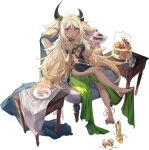  1girl asymmetrical_horns bangle bangs barefoot blonde_hair blush bracelet breasts cake chair criin crossed_legs cup dark-skinned_female dark_skin dress eating feet food fork full_body gem hair_between_eyes holding holding_fork holding_plate horns iron_saga jewelry long_hair medium_breasts moirai_(iron_saga) official_art plate pointy_ears red_eyes shoes shoes_removed sitting solo table transparent_background two_side_up very_long_hair 