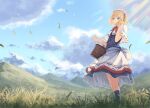  1girl adapted_costume alice_margatroid apron basket black_legwear blonde_hair blue_dress blue_eyes bow breasts capelet closed_mouth clouds cloudy_sky commentary day dress eyebrows_behind_hair feet_out_of_frame field floating_hair grass hairband hands_up hill holding holding_basket kneehighs leaf light_blush light_rays lolita_hairband ookashippo outdoors picnic_basket red_hairband red_neckwear sash short_hair sky small_breasts solo standing touhou white_apron white_bow white_capelet white_sash wind 