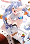  &gt;_&lt; 1girl :d animal_ear_fluff animal_ears armpits bangs blue_hair blush braid breasts brown_legwear carrot_hair_ornament eyebrows_visible_through_hair food-themed_hair_ornament fur_collar hair_ornament highres holding hololive instrument long_hair looking_at_viewer medium_breasts multicolored_hair pantyhose rabbit_ears see-through smile solo suigetsu_(hjs1106) teeth twin_braids twintails two-tone_hair upper_teeth usada_pekora virtual_youtuber white_background white_hair 