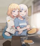  2girls blonde_hair blue_eyes blue_hair blush cooking domoookamidesu eyebrows_visible_through_hair facial_hair fish_tail food frying_pan gawr_gura holding holding_frying_pan holding_spatula hololive hololive_english hug hug_from_behind indoors kitchen multiple_girls mustache one_eye_closed pancake parted_lips shark_tail sharp_teeth spatula standing stove symbol-only_commentary tail teeth upper_body watson_amelia yuri 