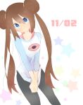  1girl bangs blue_eyes blush brown_hair closed_mouth collarbone commentary_request double_bun hair_between_eyes long_hair looking_at_viewer ohds101 pantyhose pokemon pokemon_(game) pokemon_bw2 raglan_sleeves rosa_(pokemon) shirt sidelocks solo star_(symbol) tied_hair 