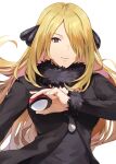  1girl black_dress black_jacket blonde_hair closed_mouth commentary cynthia_(pokemon) dress english_commentary fur-trimmed_jacket fur-trimmed_sleeves fur_collar fur_trim hair_ornament hair_over_one_eye highres holding holding_poke_ball jacket kamu_(kamuuei) long_hair long_sleeves looking_at_viewer one_eye_covered poke_ball poke_ball_(basic) pokemon pokemon_(game) pokemon_dppt simple_background smile solo upper_body very_long_hair violet_eyes white_background 