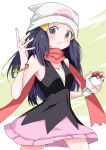  1girl beanie black_hair black_shirt blush bracelet closed_mouth commentary_request cowboy_shot eyelashes frown grey_eyes hair_ornament hairclip hat highres hikari_(pokemon) holding holding_poke_ball jewelry long_hair maromayu_(upmz2428) pink_skirt poke_ball poke_ball_(basic) pokemon pokemon_(game) pokemon_dppt red_scarf scarf shirt skirt sleeveless sleeveless_shirt solo white_headwear 