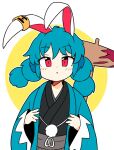  1girl animal_ears bangs blue_hair blush closed_mouth eyebrows_visible_through_hair hair_between_eyes ini_(inunabe00) looking_at_viewer rabbit_ears red_eyes seiran_(touhou) simple_background solo standing touhou white_background yellow_background 