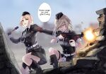  2girls absurdres blonde_hair blue_eyes boots combat_boots commission english_commentary explosive garrison_cap german_text girls_frontline grenade gun hat highres holding holding_grenade holding_gun holding_weapon iron_cross military military_uniform mp40_(girls&#039;_frontline) mp41 mp41_(girls&#039;_frontline) multiple_girls nazi pixiv_request submachine_gun suprii translation_request uniform weapon yellow_background 