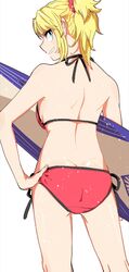  1girl absurdres ass back backboob bikini blonde_hair breasts contrapposto fate/apocrypha fate/grand_order fate_(series) green_eyes groin_tendon hair_ornament hair_scrunchie hand_on_hip highres iris_(tb33064667) looking_at_viewer mordred_(fate) mordred_(fate/apocrypha) mordred_(swimsuit_rider)_(fate) ponytail prydwen_(fate) red_bikini red_scrunchie scrunchie sideboob smile solo swimsuit white_background 