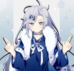  1girl 3pm bangs blue_cape blue_choker blue_eyes blue_hoodie cape choker english_commentary finger_gun fur_trim highres hood hoodie long_hair looking_at_viewer obake_pam playasia silver_hair solo sparkle twitter_username upper_body v-shaped_eyebrows virtual_youtuber 