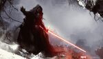  1boy absurdres black_gloves black_robe energy_sword facing_viewer fog gloves hand_up helmet highres hood kalmahul kylo_ren lightsaber mask nature outdoors science_fiction shiny sith snow solo star_wars sword tree weapon 