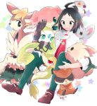  1boy ahoge audino bangs black_hair brown_footwear cheren_(pokemon) collared_shirt commentary_request deerling green_eyes green_pants highres lillipup male_focus meloetta minccino necktie ohds101 open_mouth pants patrat pidove pokemon pokemon_(creature) pokemon_(game) pokemon_bw2 red_necktie shirt shoes short_hair sleeves_rolled_up snivy stoutland tongue white_shirt 