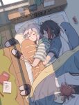  animal_pillow aoba_moca bang_dream! bear_slippers black_hair bob_cut book bookshelf bread calendar_(object) closed_eyes cup food green_shirt grey_hair highres hug hug_from_behind kalsept mechanical_pencil mitake_ran mug multicolored_hair notebook object_hug octopus pencil picture_(object) picture_frame pillow pillow_hug redhead rug shark shirt short_hair sleeping slippers slippers_removed spooning streaked_hair striped striped_shirt sunlight symbol-only_commentary t-shirt white_shirt 