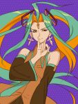  1girl aqua_hair bare_shoulders closed_mouth cosplay detached_sleeves earrings floating_hair hair_intakes hand_up hatsune_miku hatsune_miku_(cosplay) jewelry long_eyebrows long_hair long_sleeves looking_at_viewer macross macross_plus multicolored_hair orange_eyes orange_hair orange_pupils pinky_out purple_background sharon_apple smile solo twintails two-tone_hair very_long_hair vocaloid yuccoshi 
