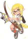  1girl bangs black_shorts blonde_hair bow bow_(weapon) fang full_body hairband highres holding holding_bow_(weapon) holding_weapon ink_tank_(splatoon) inkling long_hair looking_at_viewer nagii1203 open_mouth pointy_ears shirt shoes short_shorts short_sleeves shorts simple_background smile splatoon_(series) splatoon_3 tied_hair weapon white_background white_footwear white_shirt yellow_eyes 