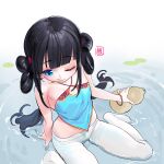  1girl arm_support black_hair blue_eyes gourd highres kaede_(shijie_heping) lily_pad original pantyhose signature sitting solo twintails wariza water 