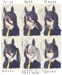  +_+ absurdres ahoge animal_ears bangs black_hair blush commentary_request formal hair_between_eyes hair_ornament highres horse_ears horse_girl long_hair manhattan_cafe_(umamusume) necktie open_mouth pun short_hair silver_hair smile suit translation_request twintails umamusume yami_anko yellow_eyes 