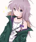  1girl ahoge bangs black_choker blush braid choker clothes_writing eyebrows_visible_through_hair fur-trimmed_jacket fur_trim green_jacket grey_eyes grey_hair hair_between_eyes hair_ribbon hoshi_syoko idolmaster idolmaster_cinderella_girls jacket long_hair looking_at_viewer mg_pong off_shoulder purple_ribbon ribbon shirt side_braid simple_background sleeveless sleeveless_shirt solo sparkle upper_body 