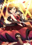  1girl :d bare_shoulders brown_eyes brown_hair dress flower frilled_dress frills fur_scarf garter_belt gloves hair_flower hair_ornament jewelry meiko microphone_stand music necklace nokuhashi petals ribbon rose_petals short_hair singing sleeveless smile solo vocaloid 