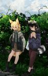  2girls alternate_costume animal_ears black_footwear black_hair blonde_hair blue_jacket boots brown_legwear capri_pants casual common_raccoon_(kemono_friends) eating extra_ears eyebrows_visible_through_hair fennec_(kemono_friends) food fox_ears fox_girl fox_tail green_shirt green_skirt grey_hair highres jacket japari_bun kemono_friends long_sleeves multicolored_hair multiple_girls nanana_(nanana_iz) pants pencil_skirt plaid plaid_skirt raccoon_ears raccoon_girl raccoon_tail shirt shoes short_hair skirt sneakers tail two-tone_hair white_hair white_jacket 