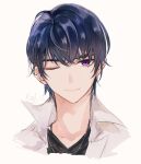  1boy asora_(1261100) bangs black_shirt closed_mouth highres jacket jewelry looking_at_viewer male_focus marius_von_hagen_(tears_of_themis) necklace one_eye_closed purple_hair shirt short_hair simple_background smile solo tears_of_themis violet_eyes white_background white_jacket 