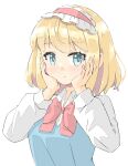 1girl alice_margatroid arnest bangs blonde_hair blue_eyes blue_vest bow bowtie bright_pupils eyebrows_visible_through_hair frilled_hairband frills hairband hands_on_own_cheeks hands_on_own_face hands_up highres long_sleeves looking_at_viewer medium_hair red_bow red_bowtie red_hairband shirt simple_background solo touhou upper_body vest white_background white_pupils white_shirt 