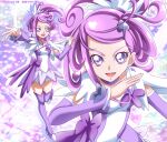  1girl arm_warmers boots breasts brooch choker collarbone cure_sword dated dokidoki!_precure earrings eyebrows forehead frills full_body hair_ornament hanzou high_ponytail highres jewelry kenzaki_makoto magical_girl open_mouth precure purple_background purple_choker purple_footwear purple_hair purple_skirt ribbon skirt small_breasts smile solo spade_(shape) spade_earrings spade_hair_ornament sparkle_background thigh-highs thigh_boots twitter_username violet_eyes 