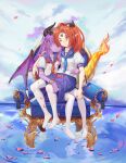  2girls absurdres aoi_(buzhuen444) chair closed_eyes colored_skin copyright_request demon_girl demon_horns demon_wings dragon_girl dragon_horns dragon_tail feet highres horns legs ming_(mg) multiple_girls orange_hair petals pink_skin purple_wings red_eyes redhead school_uniform serafuku sitting sleeping tail water white_legwear wings yong_(mg) 