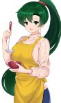  1girl alternate_costume apron blue_pants blush casual commentary_request contemporary denim earrings eyebrows_visible_through_hair fire_emblem fire_emblem:_the_blazing_blade green_eyes green_hair highres holding holding_ladle jeans jewelry kocha_(jgug7553) ladle long_hair long_sleeves looking_at_viewer lyn_(fire_emblem) open_mouth pants pink_sweater ponytail ribbed_sweater simple_background smile solo sweater turtleneck turtleneck_sweater very_long_hair white_background yellow_apron 