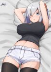  1girl alternate_costume ayuman black_legwear black_tank_top blue_eyes breasts hair_ornament hair_over_one_eye hairclip hamakaze_(kancolle) kantai_collection large_breasts lying navel on_back short_hair short_shorts shorts silver_hair tank_top thigh-highs white_shorts 