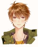 1boy :d asora_(1261100) bangs brown_eyes brown_hair green_jacket highres jacket jewelry looking_at_viewer luke_pearce_(tears_of_themis) male_focus necklace open_mouth shirt simple_background smile solo tears_of_themis white_background yellow_shirt 