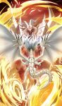 absurdres albion_the_sanctifire_dragon blurry claws depth_of_field dragon dragon_horns dragon_tail dragon_wings duel_monster fire flying forehead_jewel highres horns jetihyeon looking_at_another red_sky sky spiked_tail tail the_bystial_lubellion white_wings wings yu-gi-oh! 