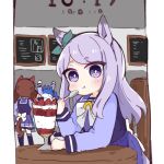  :t ahoge animal_ears arms_up blue_hair blush brown_hair chair closed_mouth commentary_request eating food fruit hitomiz holding holding_spoon horse_ears horse_girl horse_tail long_hair long_sleeves looking_at_viewer mejiro_mcqueen_(umamusume) nice_nature_(umamusume) on_chair parfait phone_screen pleated_skirt purple_hair purple_legwear purple_shirt purple_skirt school_uniform shirt short_eyebrows sitting skirt spoon standing strawberry table tail thick_eyebrows thigh-highs tracen_school_uniform twin_turbo_(umamusume) twintails umamusume very_long_hair violet_eyes 