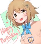  1girl bangs blue_bow blush bow bowtie brown_eyes brown_hair eyebrows_visible_through_hair flower hair_between_eyes hair_flower hair_ornament happy_birthday heart idolmaster idolmaster_cinderella_girls korean_commentary looking_at_viewer mg_pong mimura_kanako open_mouth school_uniform short_hair simple_background solo two-tone_background upper_body white_flower 