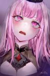  1girl absurdres ahegao bangs blush commentary_request eyebrows_visible_through_hair head_tilt highres hololive hololive_english long_hair looking_away looking_up mile_(off8mile) mori_calliope open_mouth pink_eyes pink_hair portrait rolling_eyes solo teeth twitter_username upper_teeth veil virtual_youtuber 