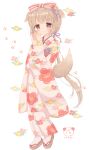  1girl animal_ears bow brown_eyes brown_hair dog_ears dog_tail eyebrows_visible_through_hair highres idolmaster idolmaster_cinderella_girls japanese_clothes kimono long_hair long_sleeves looking_at_viewer ogakororomi smile solo tail yorita_yoshino 