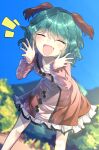  1girl :d animal_ears arms_up bangs bent_over blue_sky blush breasts broom brown_dress bush closed_eyes clouds commentary_request dog_ears dog_tail dress eyebrows_visible_through_hair eyelashes fang fingernails frilled_dress frilled_sleeves frills green_hair happy kasodani_kyouko kisamu_(ksmz) knees long_sleeves looking_at_viewer open_mouth outdoors shiny shiny_hair short_hair skin_fang sky small_breasts smile solo standing tail touhou 