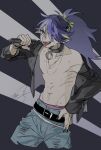  1boy belt black_belt black_choker black_jacket blue_pants choker cowboy_shot dated drruraguchi fengxi_(the_legend_of_luoxiaohei) highres holding holding_microphone jacket jewelry microphone navel necklace no_shirt pants pointy_ears ponytail purple_hair solo sweat the_legend_of_luo_xiaohei tongue tongue_out 