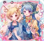  2girls antlers apron arm_ribbon bangs between_fingers blonde_hair blue_hair blue_nails blue_shirt blush bottle bow breasts closed_mouth collarbone dragon_girl dragon_horns earrings eyebrows_visible_through_hair eyelashes fingernails flat_chest flower green_apron green_headwear hair_ornament hairclip haniyasushin_keiki head_scarf highres holding horn_ornament horn_ribbon horns jewelry kicchou_yachie large_breasts lips lipstick long_hair long_sleeves looking_at_viewer magatama magatama_necklace makeup makeup_brush mirror moshihimechan multiple_girls nail_polish open_mouth perfume_bottle pink_bow pink_flower pocket red_eyes red_ribbon ribbon shiny shiny_hair shirt short_hair sidelocks single_strap standing sweatdrop tassel tassel_earrings touhou upper_body wide_sleeves 