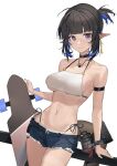 1girl absurdres arknights arm_strap bangs bare_arms bare_shoulders bikini black_choker black_hair blue_hair blunt_bangs breasts choker cowboy_shot cutoffs denim denim_shorts eunectes_(arknights) highres large_breasts luozhou_pile navel pointy_ears ponytail short_hair short_ponytail short_shorts shorts side-tie_bikini simple_background skateboard solo standing stomach swimsuit tail thighs tomboy violet_eyes white_background white_bikini