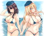  2girls alternate_costume aqua_eyes atago_(kancolle) beret bikini black_hair blonde_hair blue_bikini blue_headwear breasts collarbone hat highres holding_hands kantai_collection large_breasts long_hair medium_hair multiple_girls navel one_eye_closed red_eyes shu-ten sidelocks swimsuit takao_(kancolle) 